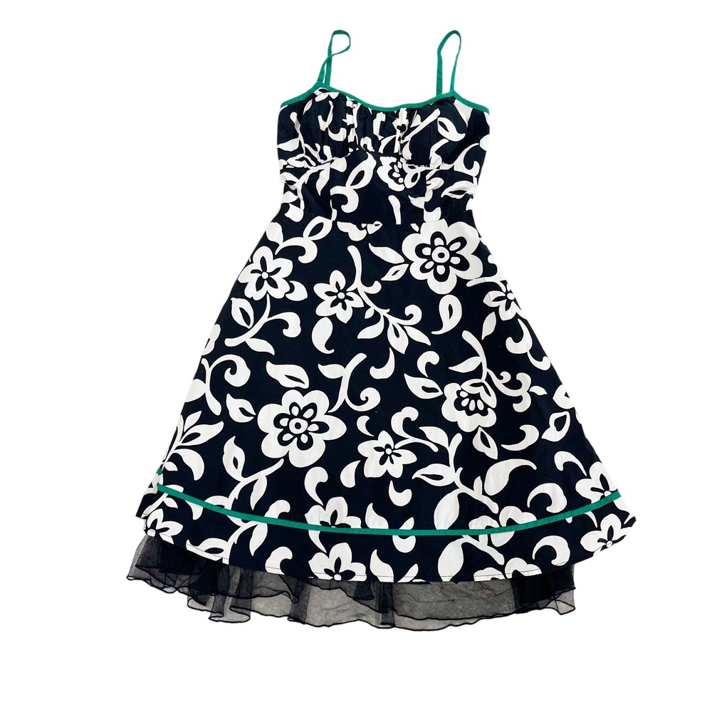 Vintage A. Byer Y2K Floral Sun Dress Black White Green Trim Tulle Hem Size 3